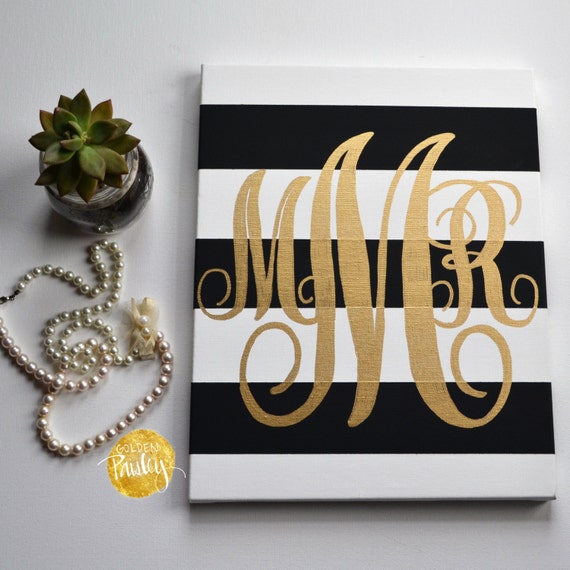 Striped Monogram Canvas Painting Black & Gold Hand Painted