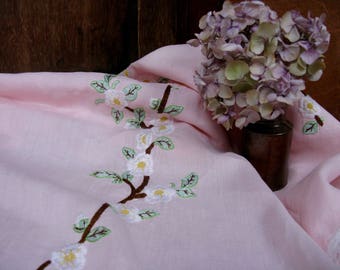 French Tablecloth, Floral Tablecloth, Pink Tablecloth, Embroidered Tablecloth, Vintage Tablecloth, French Linens, French Decor, French Home