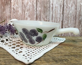 Vintage Fire King Milk Glass Bowl/Handled/Hand Painted Grapes/ Gay Fad