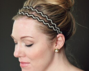 Bohemian Headband, Adult Elastic Headband in Brown Zig Zag