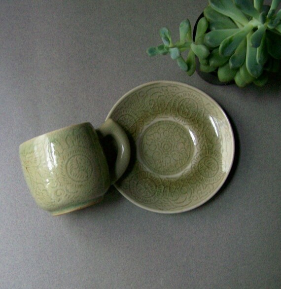 Vintage THAI CELADON Demitasse Cup and Saucer Celadon Green Vintage THAI CELADON Demitasse Cup and Saucer Celadon Green