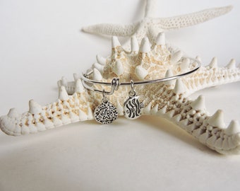 Sand Dollar and Fish Charm Bracelet, Sand Dollar Bangle Bracelet