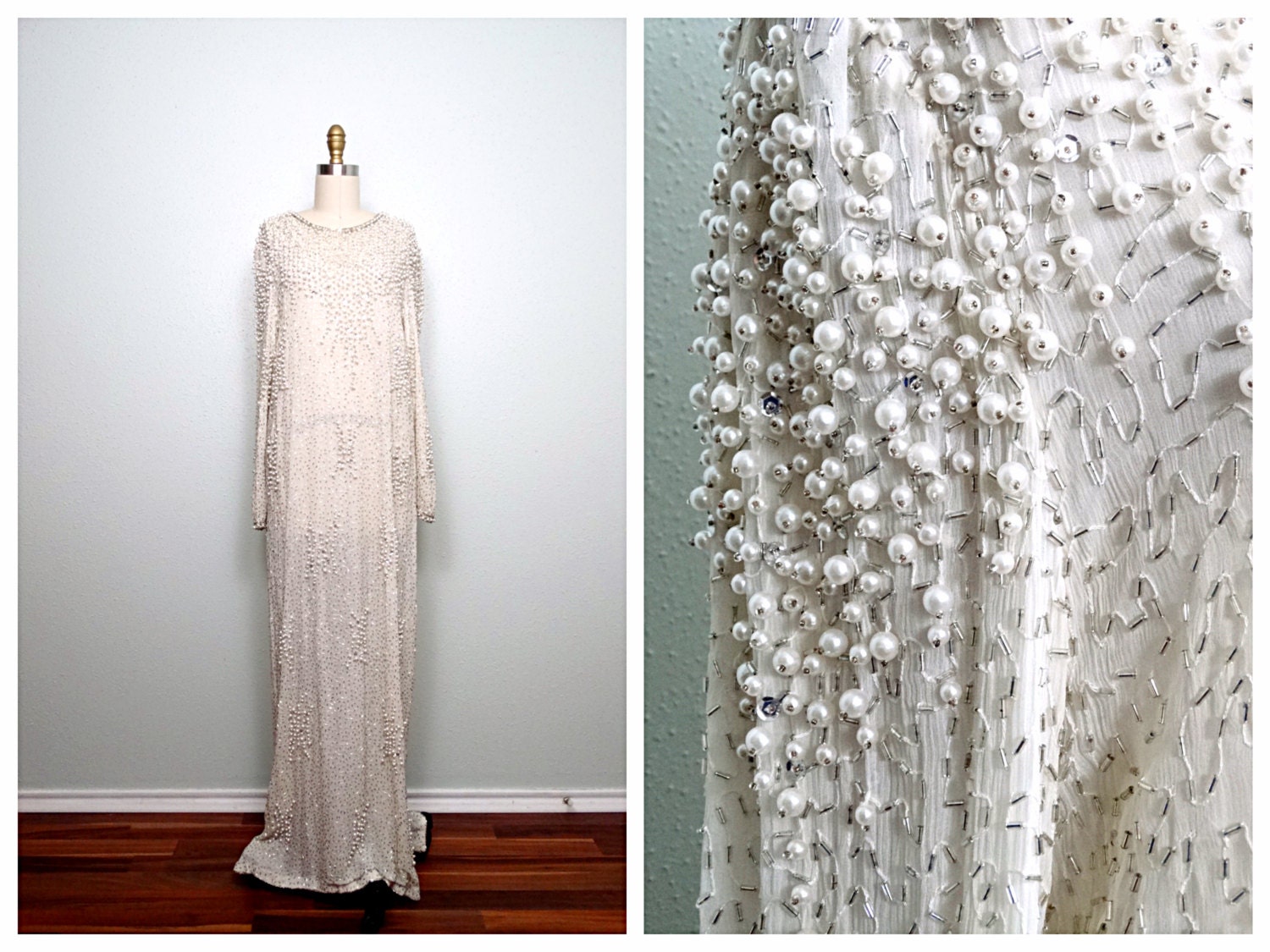 Vintage Pearl Beaded Wedding Dress / Ivory Silk Glass Beaded