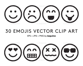 Emoji Clip Art, Emoticon Clipart, Set Of Icons, Outline Line, Smiley Face, Vector File, Digital Illustration, EPS JPG PNG, Instant Download