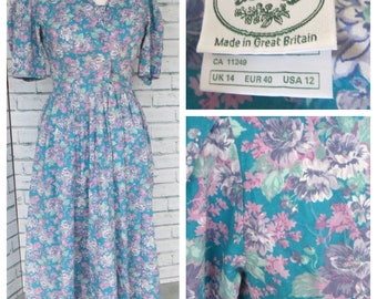 Vintage Laura Ashley Floral Print Dress 1980s Current Sz 12 UK 100% cotton / b29