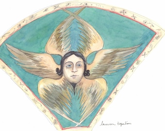 Original watercolor- Etchmiadzin Faces with wings-Armenian cathedral-Armenia painting