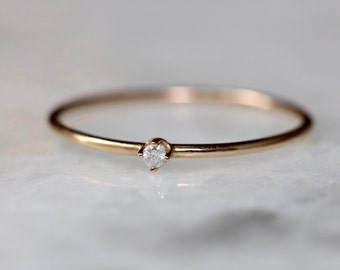 14K Tiny Diamond Ring, Dainty Diamond Ring, Stacking Ring, Solid Gold Ring, Little Diamond Ring, Midi Ring