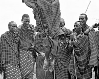 Masai Men Dancing and Jumping Black and White Limited Edition Print 3\/400