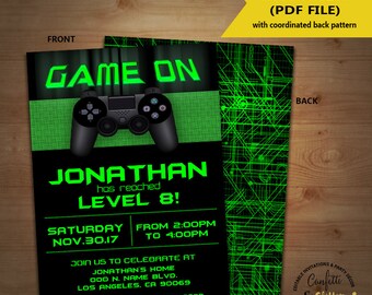 Video game birthday party invitation game on invite gaming party games truck green invite YOU EDIT TEXT and print yourself invite 5594