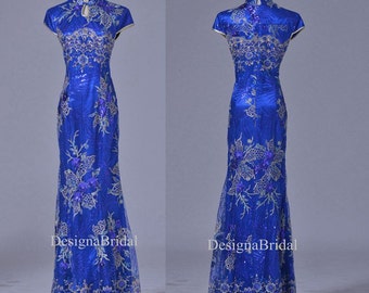 Blue Qipao Dress Long,Lace Chinese Vintage Cheongsam Holiday Dresses,Gold Fishtail Traditional Chinese Dress,Chinese Wedding Party Dress