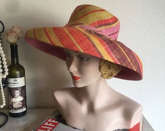Vintage 1950's Colorful Straw Sun Hat with Wide Brim