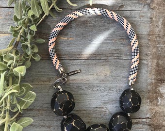 Black Maslina - Natural wooded beads on striped rope