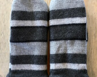 Felted Recycled Wool Sweater Mittens - Black/Gray Stripe