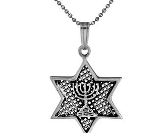 Sterling Silver Jerusalem Temple Menorah Star of David Pendant Judaica Necklace