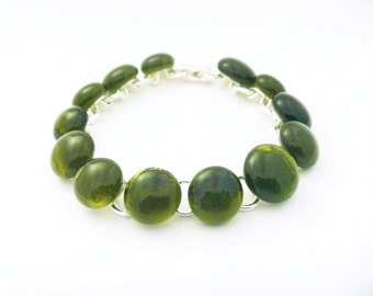 Recycled wine bottle bracelet in olive/Eco friendly upcycled wine bottle link bracelet on silver