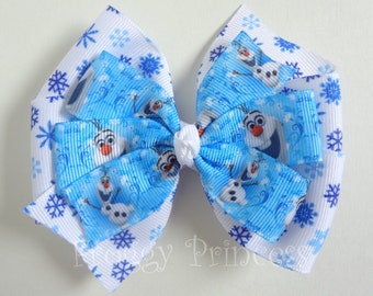 Frozen Snowman Hair Bow - Pinwheel Bow - No Slip Velvet Grip Hair Clip