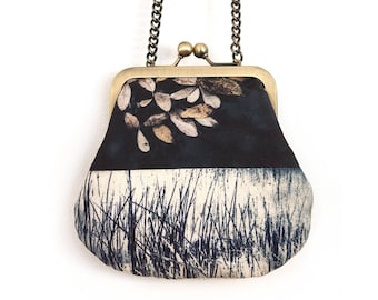 Leaves mini cross-body purse with chain handle, brown leaf, reeds, LOCHAN REEDS bag
