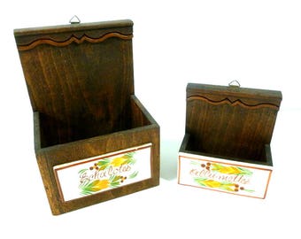 French Vintage Wood and Ceramic Allumettes and Shallots Boxes, Vintage French Kitchen Decor, Vintage Match Box