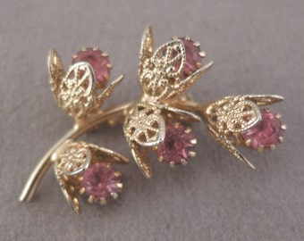 Gold Tone and Pink Rhinestone Floral Spray Pin 1950-60s