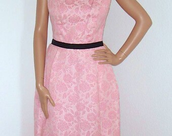 Vintage 1960s Pink Metallic Floral Brocade Dress Gown 60s Sleeveless Formal Long Dress