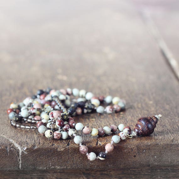 Long Lariat Necklace - Smoky Quartz and Jasper Bead Necklace