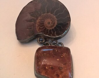 Great Pendant Ammonite Amber Sterling