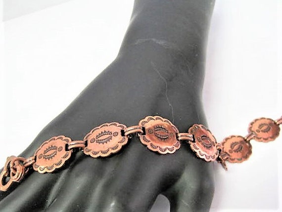 Copper Bracelet, Native American, Stamped Copper Links, Mid Century Stamped Symbols
