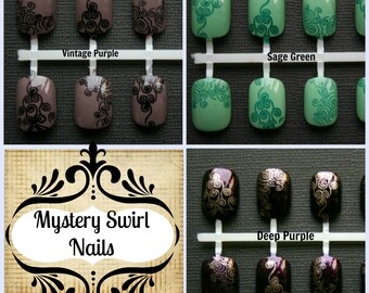 Mystery Swirl Press On Nails | Short Fake Nails | Purple Nails | False Nails | Ongles Faux | Small Size Nails | Acrylic Glue on Nails