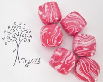 Beads, Pink White Swirl Square Handmade Polymer Clay Beads