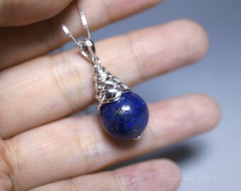 Single Lapis Lazuli Necklace, Full Sterling Silver Simple Lapis Necklace, Drop Chakra Healing Yoga Jewelry, Corn Drop Blue Stone Pendant