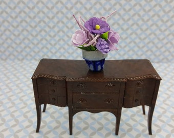 Renwal Dining room Furnishings brown Sideboard and flowers Doll House Toy Plastic