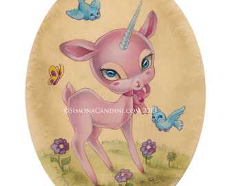Penelope LIMITED EDITION print signed numbered Simona Candini lowbrow pop surreal big eyes art pink baby unicorn deer