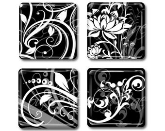 Set of 4,Black & White Magnets, Glass Tile Magnets, Glass Magnets, Refrigerator Magnets, Fridge Magnets
