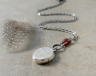 Photo Locket Necklace, January Birthstone Locket, Garnet Locket, Sterling Silver Locket, Silver Oval Locket Pendant, Oxidize Silver Jewelry