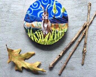 Bunny nursery decor, baby shower gift, shellieartist, rabbit art, one of a kind, Mounted Print, round wood slice