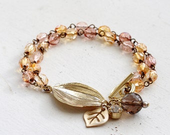 Ambre jaune verres Bracelet, feuille d’or et Quartz fumé charme, charmant et élégant Bracelet