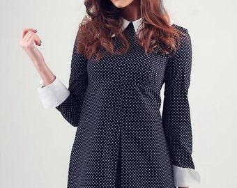 1960's Reproduction Mod Dress, Wednesday Addams Black and white polkadot, contrast Peter Pan collar and cuffs