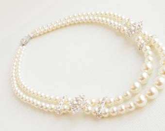 Bridal Pearl Necklace, Statement Pearl Bridal Necklace, Pearl Rhinestone Necklace, Wedding Necklace, Bridal Statement Necklace
