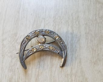 Vintage Crescent Moon/Silvertone/Rhinestones/Diana/Artemis Goddess