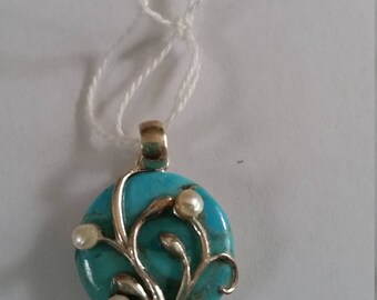 Turquoise and pearl sterling silver pendant