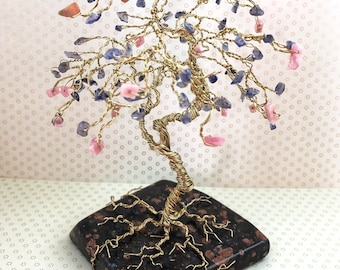 Gem Tree Sculpture, Wire Gemstone Art, Iolite & Rhodochrosite on Llanite Rock, Gold Tree, Gifts for Mom, Gifts for Her