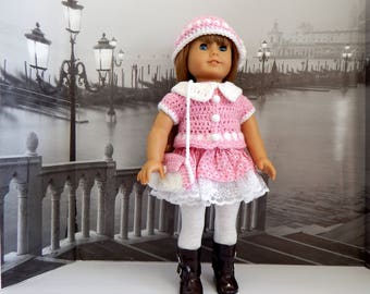 18 Inch Pink Crochet Sweater, Hat with Flower, Purse, Cotton Skirt with Lace hemline and Leggings * Brown Boots Included*