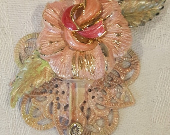 Altered Key - Pastel Pink Flower and Filigree Embellished pendant / brooch