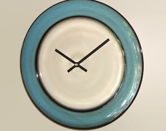 11 Inch SILENT Tan and Teal Wall Clock, Stoneware Plate Clock, Kitchen Clock, Unique Wall Clock, Kitchen Decor - 2270