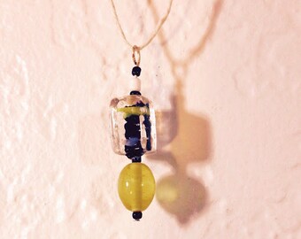 Yellow, Black and Clear Glass Lampwork Bead Pendant Necklace