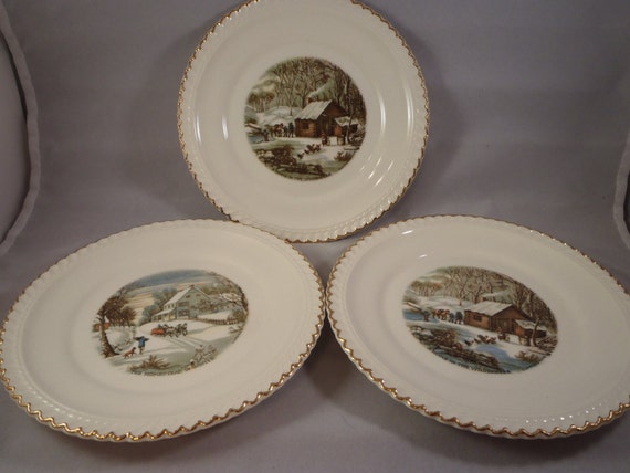 Vintage 3 1950s Harkerware Currier and Ives Plates Vintage 3 1950s Harkerware Currier and Ives Plates