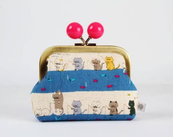 Metal frame coin purse with color bobble - Fishing cats - Color dad / Kawaii japanese fabric / Hot pink blue grey / Cute kitties / fish