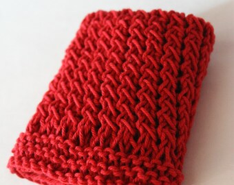 Hand Knit Dish Cloth, Wash Cloth, 100% Cotton, Textured Cleaning Cloth, Kitchen and Bath, Shower Gift, Stocking Stuffer (DC-017/Fiesta Red)