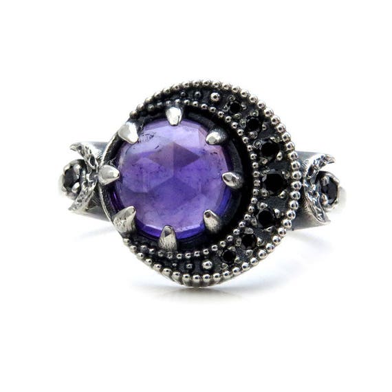 Amethyst Crescent Moon Ring - Sterling Silver Moon Phase Engagement Ring - Black Diamond or Moissanite Crescent