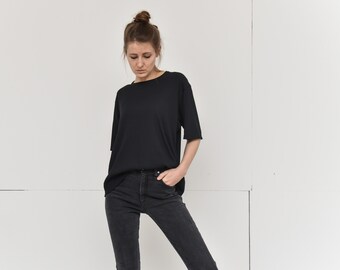 vintage black ribbed t shirt top large size XL simple top round neck short sleeves